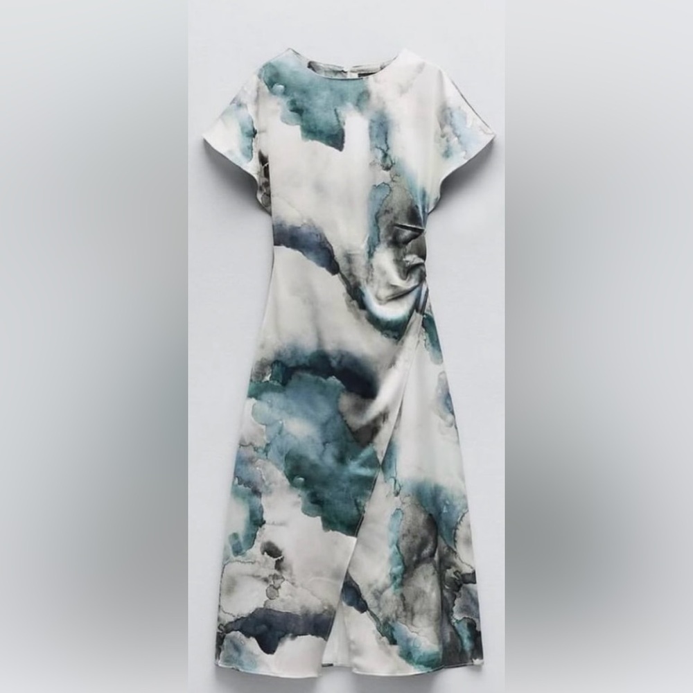 ZARA Teal and Cream Satin Tie-Dye Dress